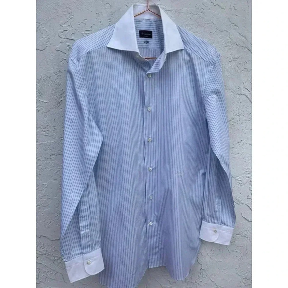 Ermenegildo Segna Mens Long Sleeve Tailored Fit Dress Shirt Blue Stripes Sz M - Picture 1 of 7